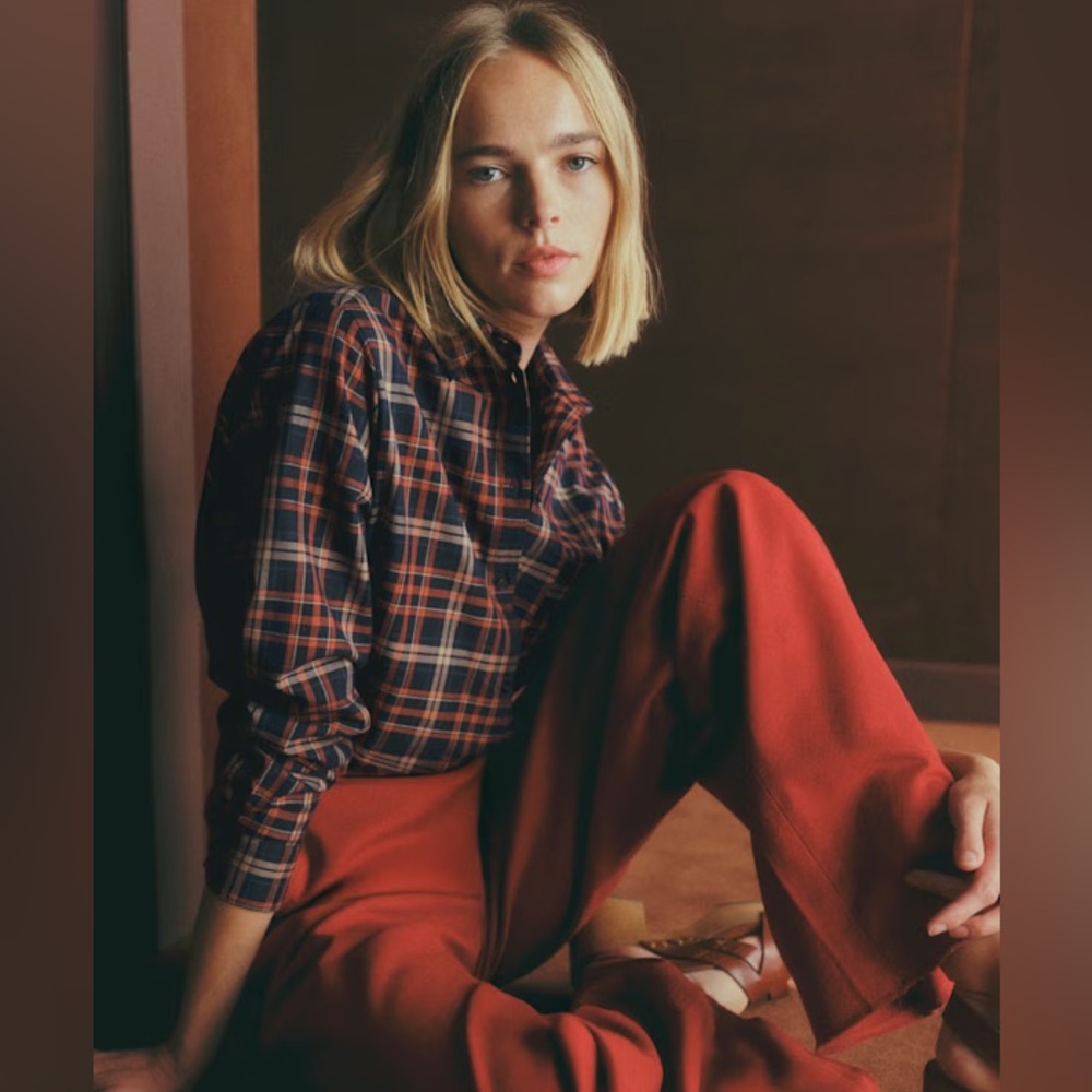 Sezane Max shirt red navy blue plaid checks flannel NWOT button down